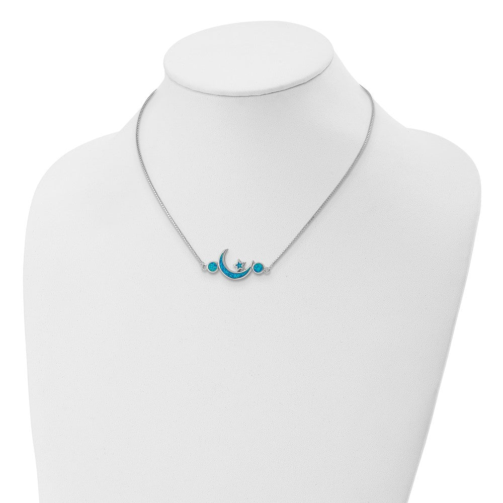Sterling Silver Rhod-Plated Created Opal Moon And Star Necklace