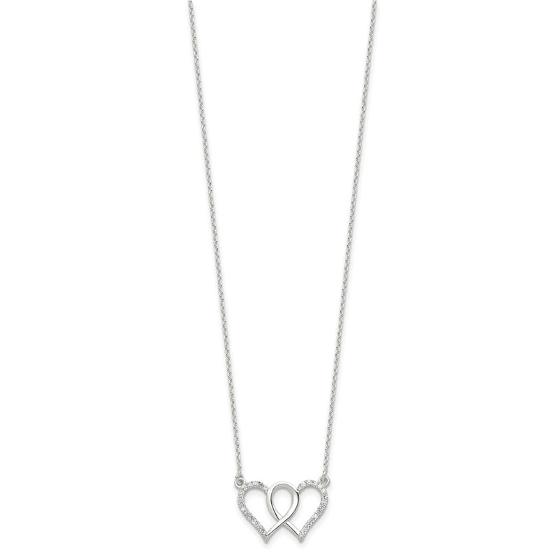 Sterling Silver Polished Interconnected Cz Double Hearts 18 Inch Necklace