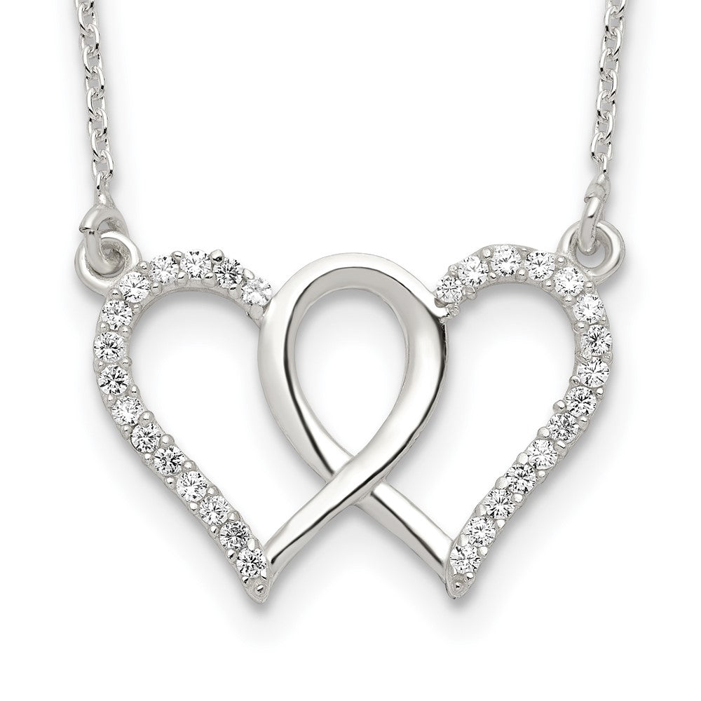 Sterling Silver Polished Interconnected Cz Double Hearts 18 Inch Necklace