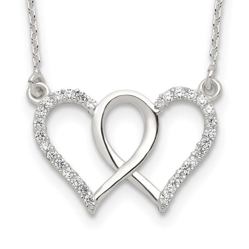 Sterling Silver Polished Interconnected Cz Double Hearts 18 Inch Necklace