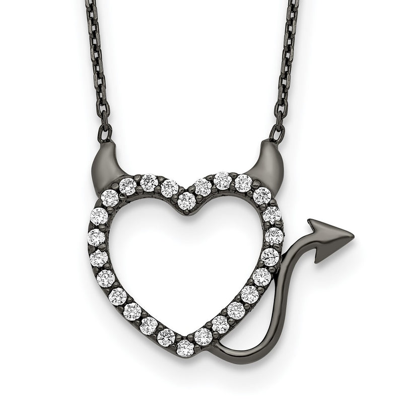 Sterling Silver Black Ruthenium Plated Devil Heart Cz 16 Inch Necklace