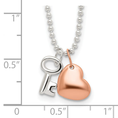 Sterling Silver Rose-Tone Heart And Key 19 Inch Necklace