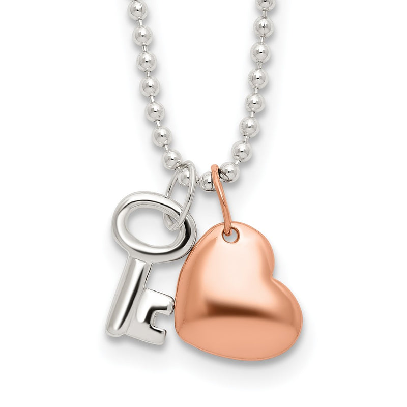 Sterling Silver Rose-Tone Heart And Key 19 Inch Necklace