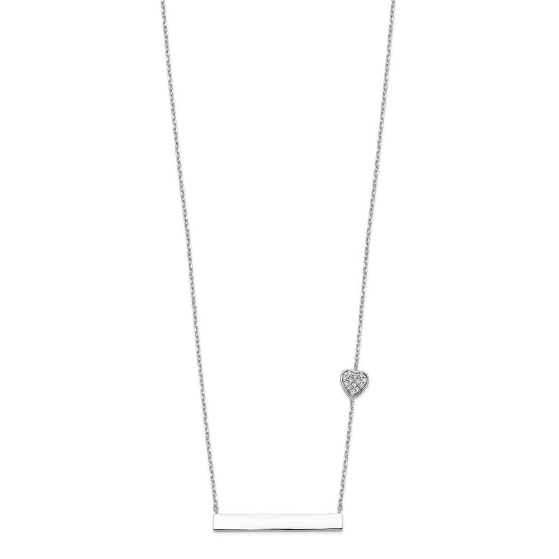Sterling Silver Rhodium-Plated Cz Heart W/2In Ext. Bar Necklace