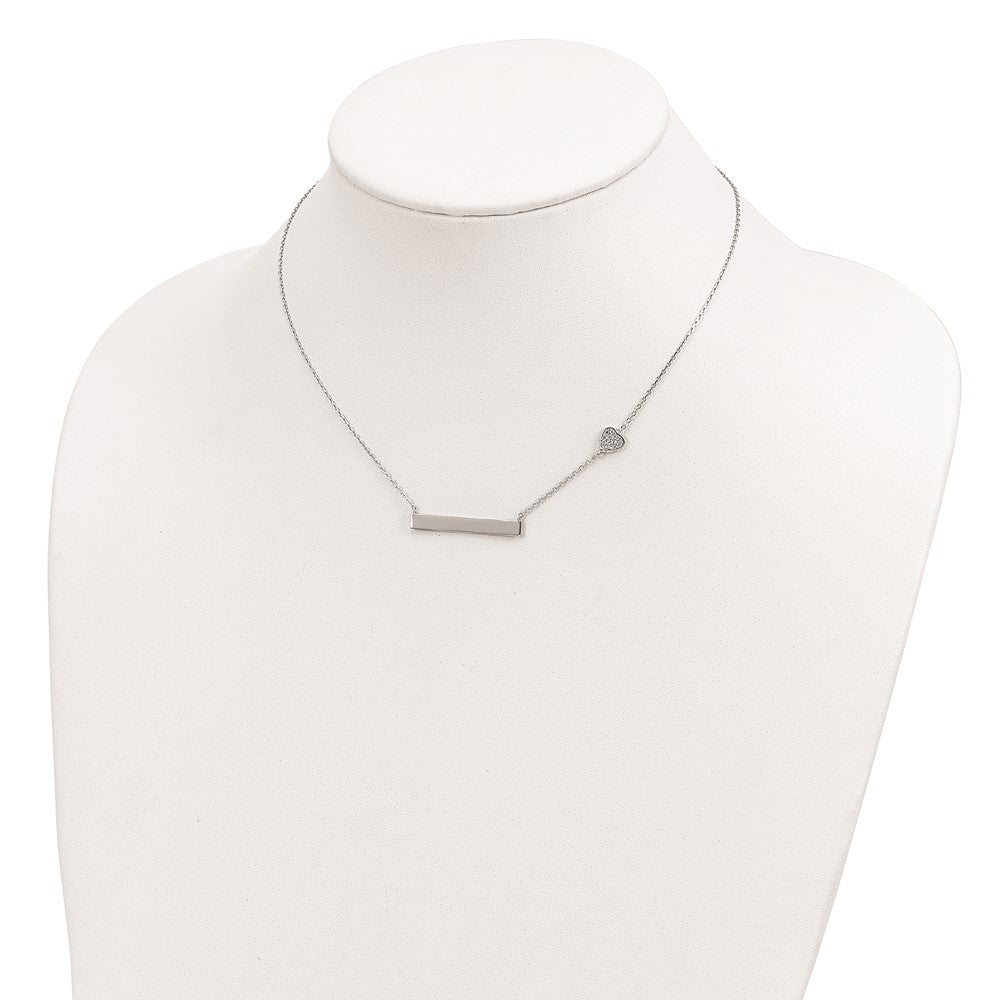 Sterling Silver Rhodium-Plated Cz Heart W/2In Ext. Bar Necklace