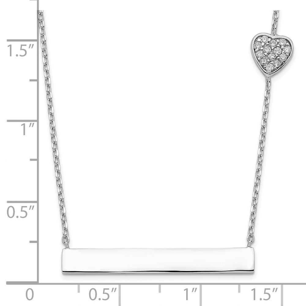 Sterling Silver Rhodium-Plated Cz Heart W/2In Ext. Bar Necklace