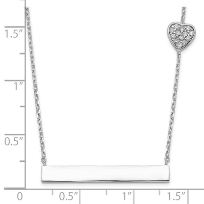 Sterling Silver Rhodium-Plated Cz Heart W/2In Ext. Bar Necklace