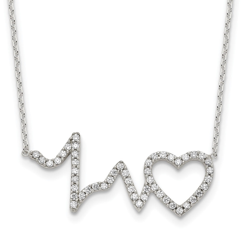 Sterling Silver Polished Cz Heartbeat 18In Necklace