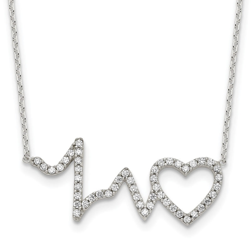 Sterling Silver Polished Cz Heartbeat 18In Necklace