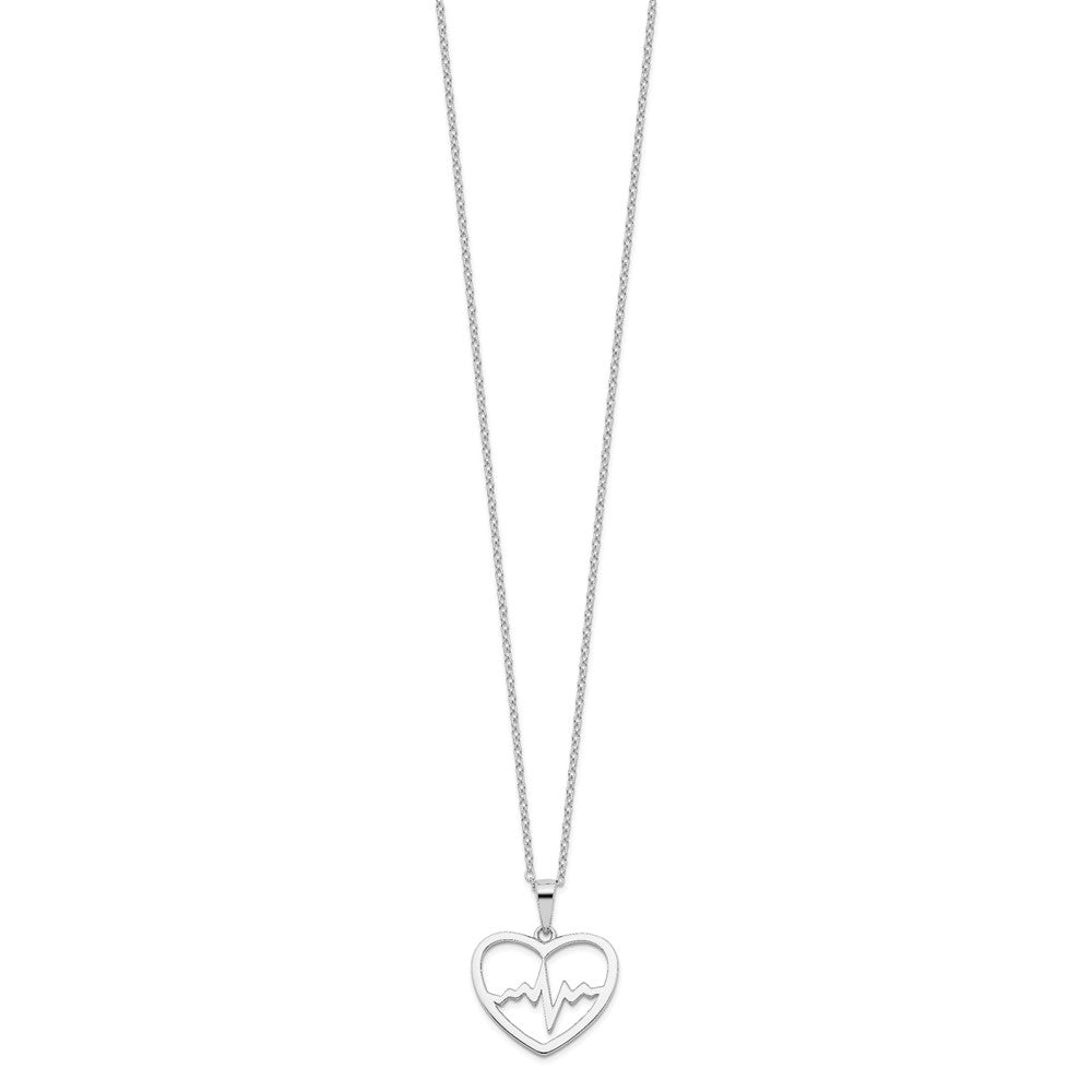 Sterling Silver Rhodium-Plated Heartbeat In Heart 16In W/2In Ext Necklace