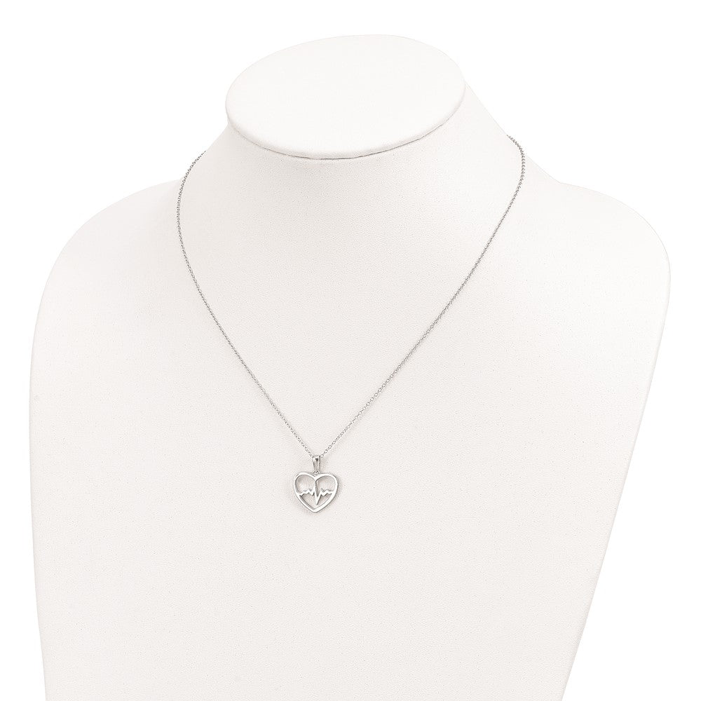Sterling Silver Rhodium-Plated Heartbeat In Heart 16In W/2In Ext Necklace