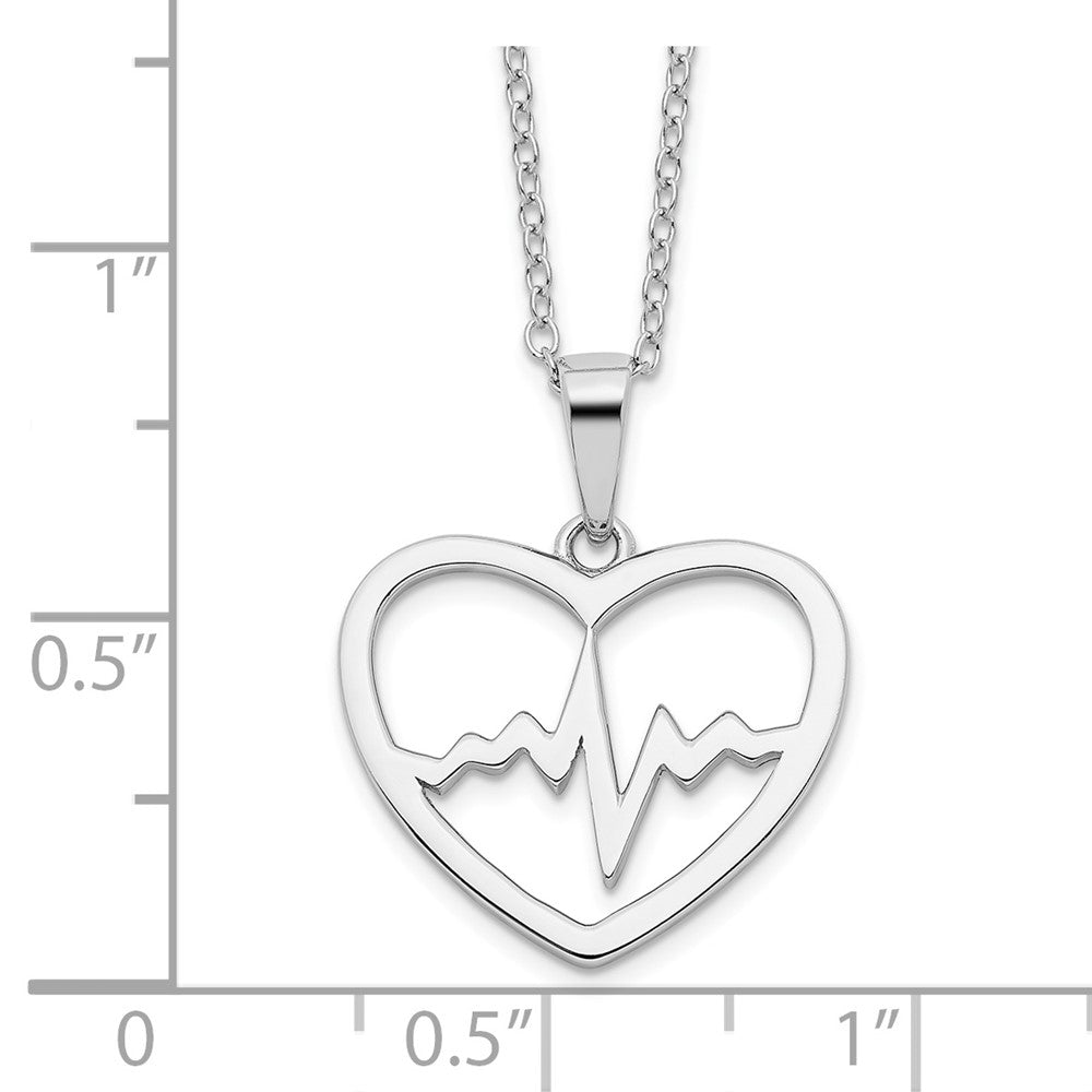 Sterling Silver Rhodium-Plated Heartbeat In Heart 16In W/2In Ext Necklace