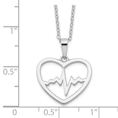 Sterling Silver Rhodium-Plated Heartbeat In Heart 16In W/2In Ext Necklace