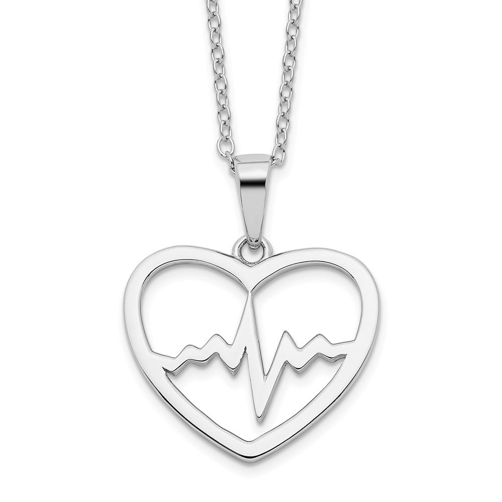 Sterling Silver Rhodium-Plated Heartbeat In Heart 16In W/2In Ext Necklace