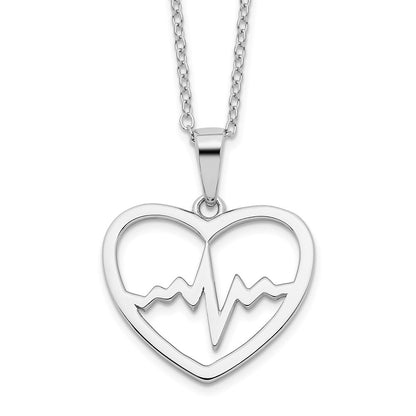 Sterling Silver Rhodium-Plated Heartbeat In Heart 16In W/2In Ext Necklace