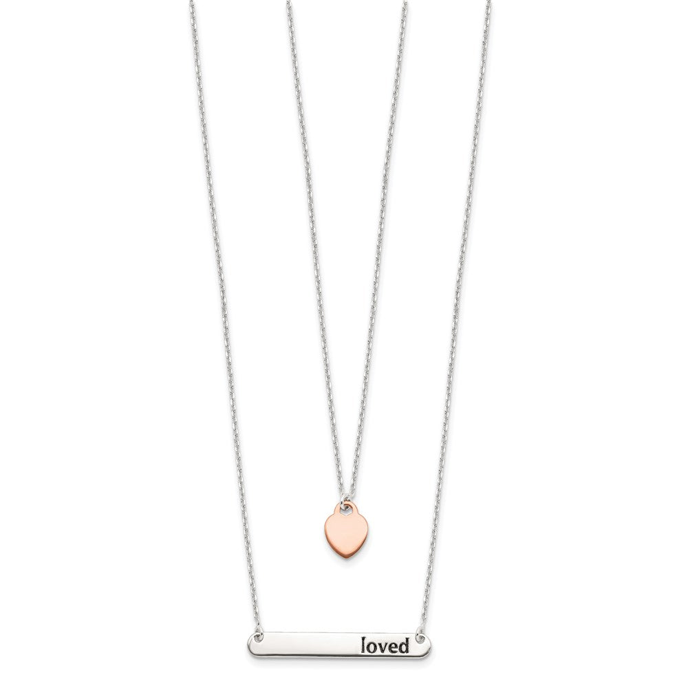 Sterling Silver Rose-Tone Heart Enameled Loved 18In Bar Necklace
