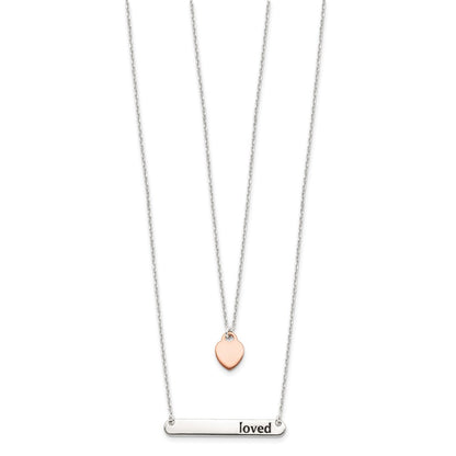 Sterling Silver Rose-Tone Heart Enameled Loved 18In Bar Necklace