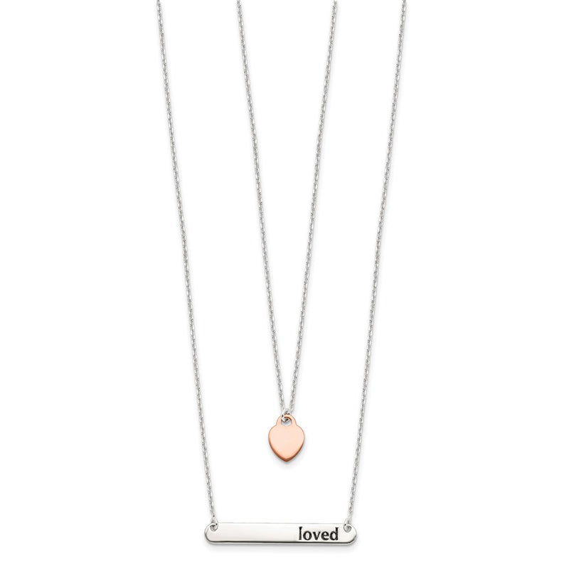 Sterling Silver Rose-Tone Heart Enameled Loved 18In Bar Necklace