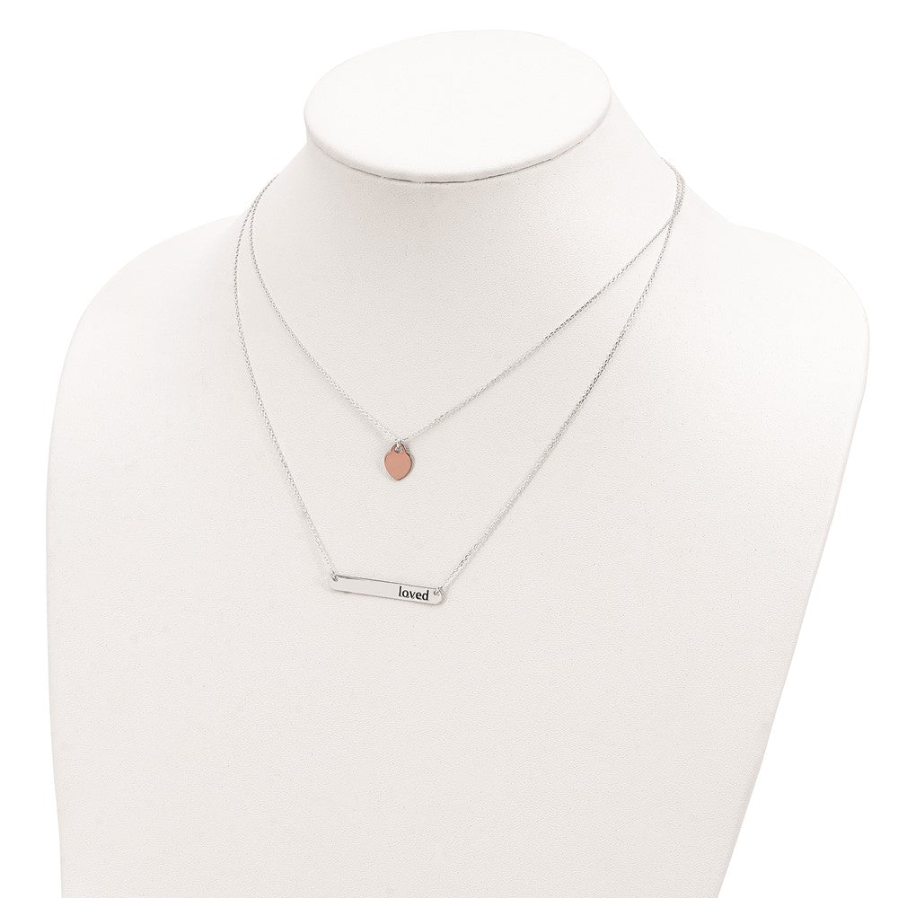 Sterling Silver Rose-Tone Heart Enameled Loved 18In Bar Necklace