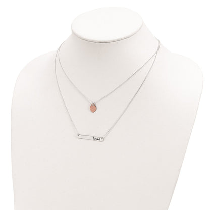 Sterling Silver Rose-Tone Heart Enameled Loved 18In Bar Necklace