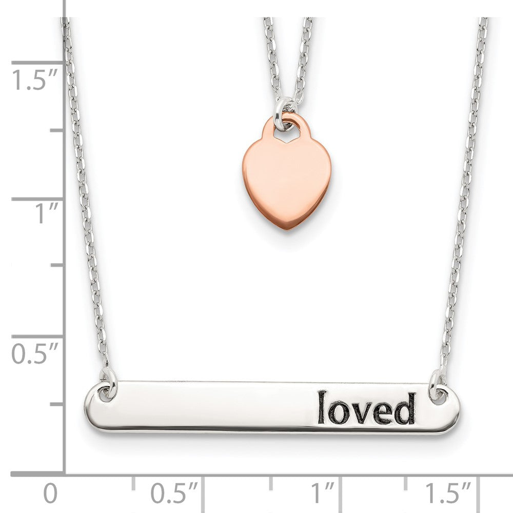 Sterling Silver Rose-Tone Heart Enameled Loved 18In Bar Necklace