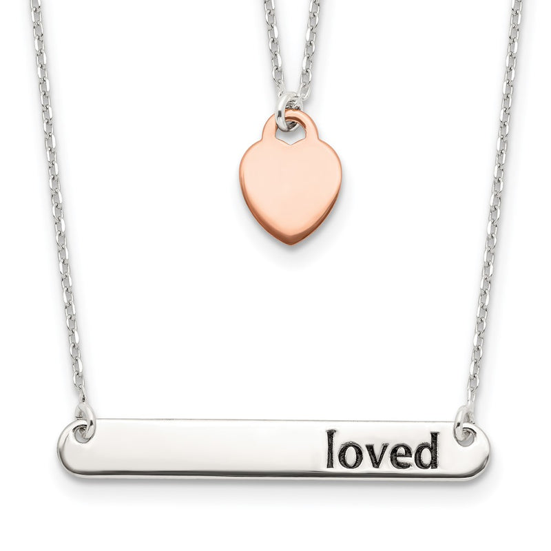 Sterling Silver Rose-Tone Heart Enameled Loved 18In Bar Necklace