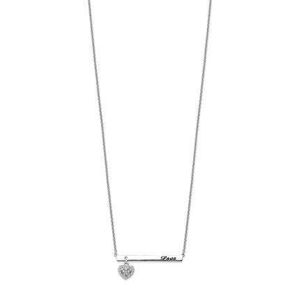 Sterling Silver Rhodium Plated Antiqued Love Bar With Cz Heart Dangle 16 Inch Necklace