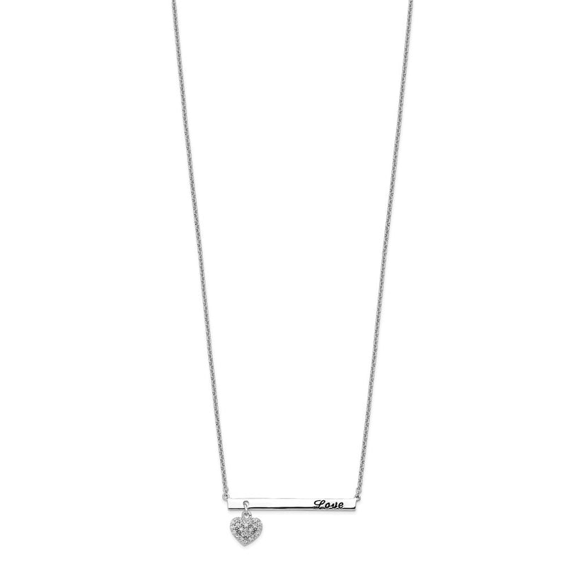 Sterling Silver Rhodium Plated Antiqued Love Bar With Cz Heart Dangle 16 Inch Necklace