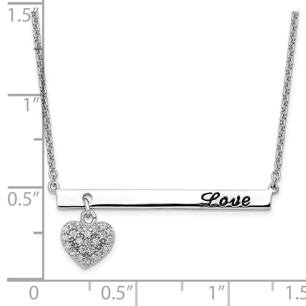 Sterling Silver Rhodium Plated Antiqued Love Bar With Cz Heart Dangle 16 Inch Necklace