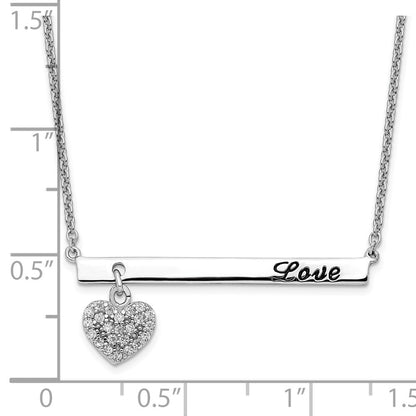 Sterling Silver Rhodium Plated Antiqued Love Bar With Cz Heart Dangle 16 Inch Necklace