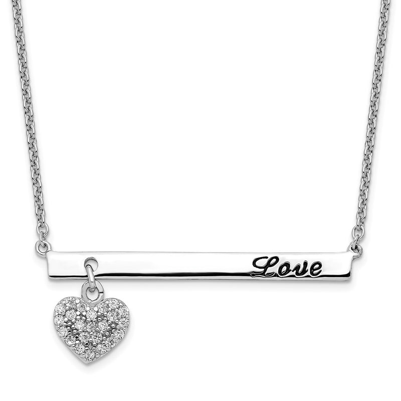 Sterling Silver Rhodium Plated Antiqued Love Bar With Cz Heart Dangle 16 Inch Necklace