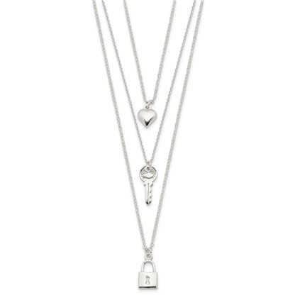 Sterling Silver Lock, Heart And Key Multi-Strand 16In Necklace