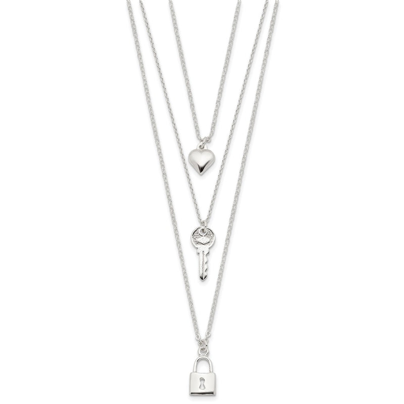 Sterling Silver Lock, Heart And Key Multi-Strand 16In Necklace