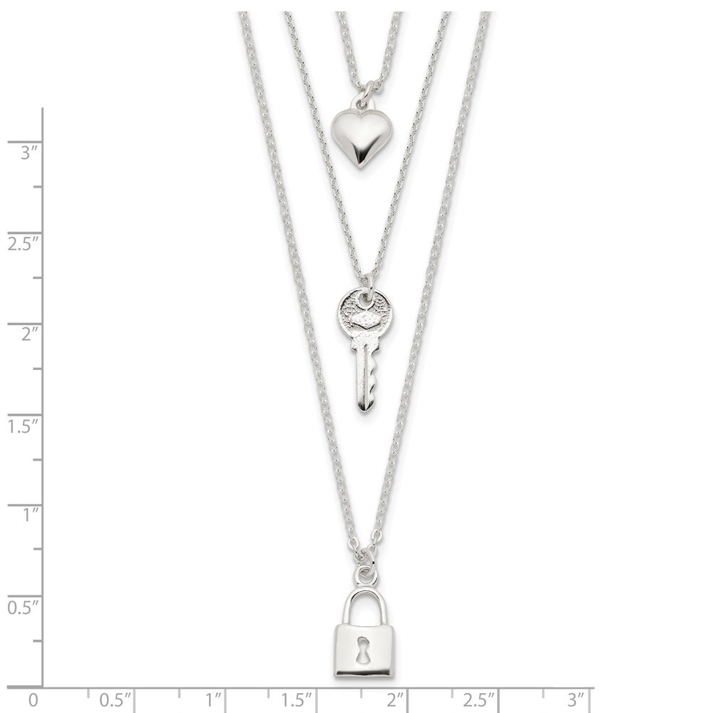 Sterling Silver Lock, Heart And Key Multi-Strand 16In Necklace