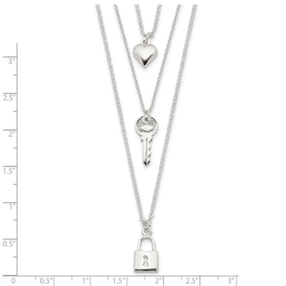 Sterling Silver Lock, Heart And Key Multi-Strand 16In Necklace