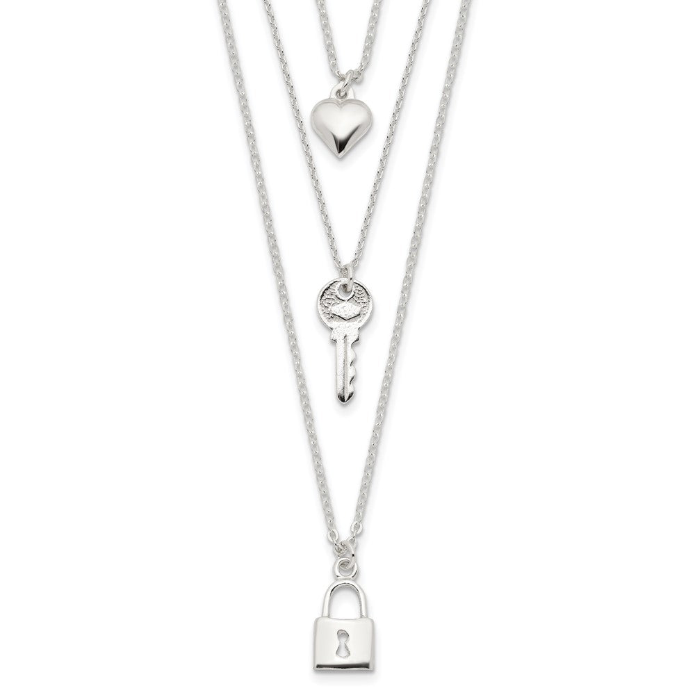 Sterling Silver Lock, Heart And Key Multi-Strand 16In Necklace