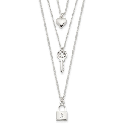 Sterling Silver Lock, Heart And Key Multi-Strand 16In Necklace