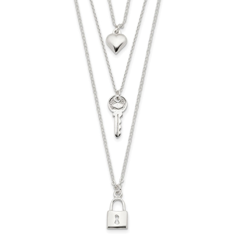Sterling Silver Lock, Heart And Key Multi-Strand 16In Necklace