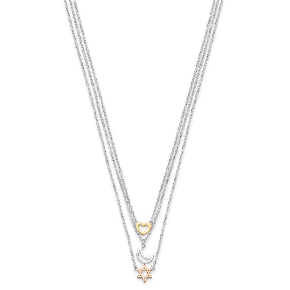 Sterling Silver Rh-Pltd Gold And Rose-Tone Sun Moon Star Necklace