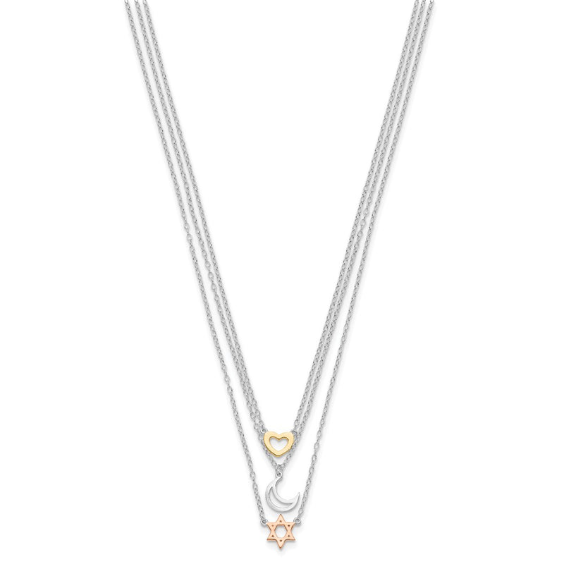 Sterling Silver Rh-Pltd Gold And Rose-Tone Sun Moon Star Necklace