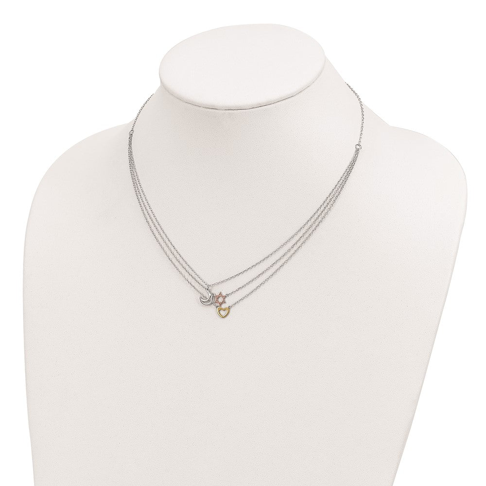 Sterling Silver Rh-Pltd Gold And Rose-Tone Sun Moon Star Necklace