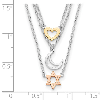 Sterling Silver Rh-Pltd Gold And Rose-Tone Sun Moon Star Necklace