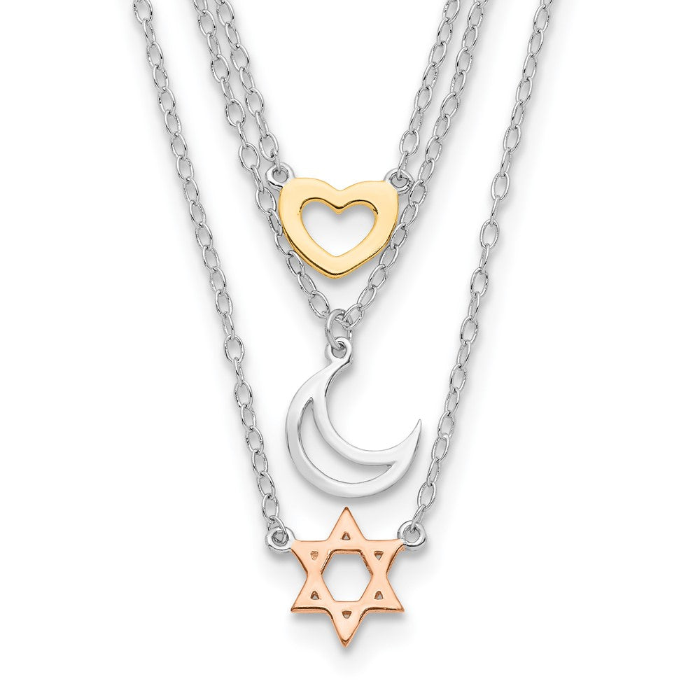 Sterling Silver Rh-Pltd Gold And Rose-Tone Sun Moon Star Necklace