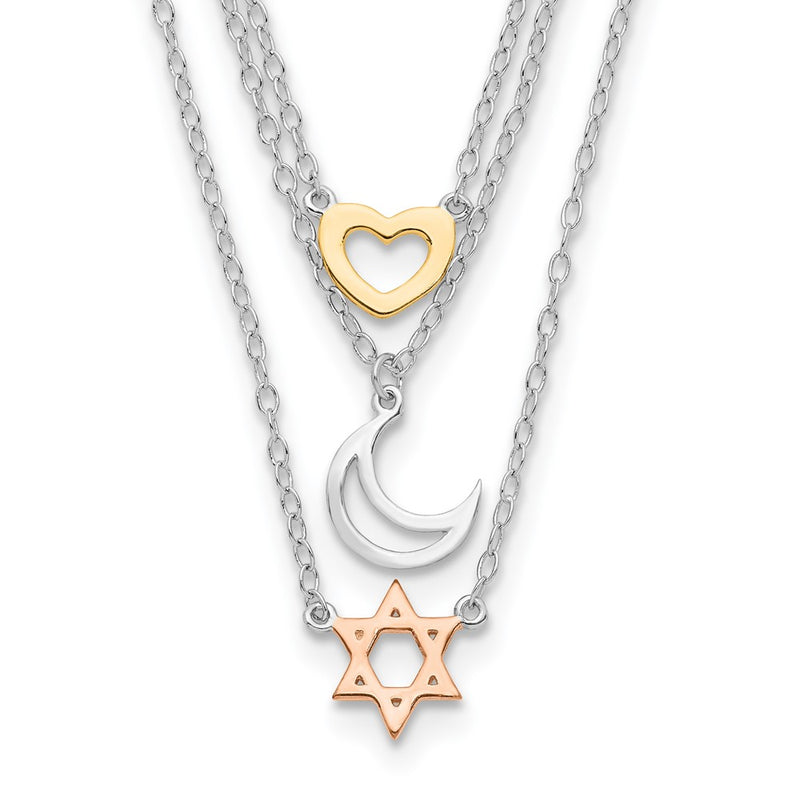 Sterling Silver Rh-Pltd Gold And Rose-Tone Sun Moon Star Necklace
