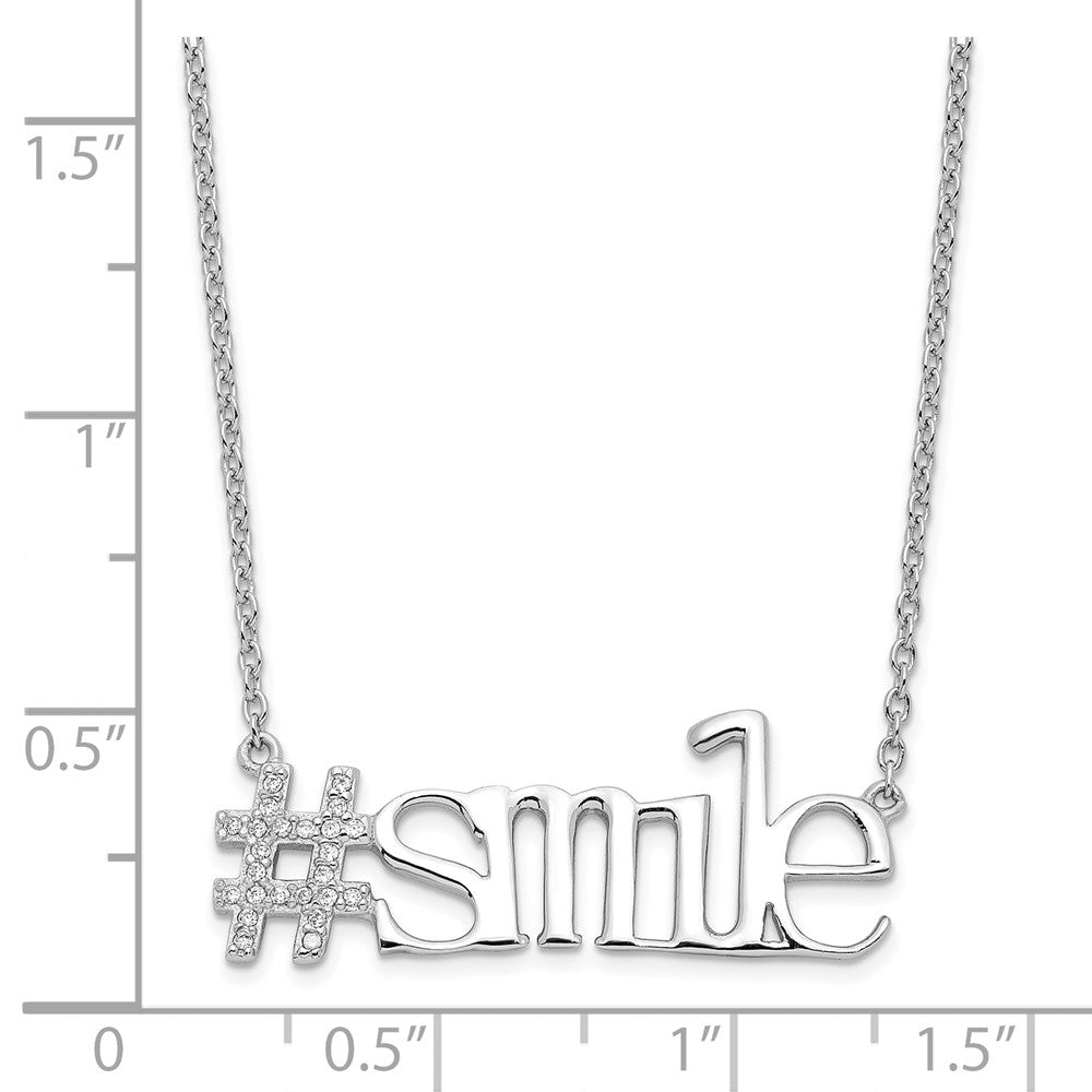 Sterling Silver Rhodium-Plated Cz Hashtag Smile Necklace