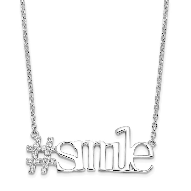 Sterling Silver Rhodium-Plated Cz Hashtag Smile Necklace