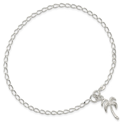 Sterling Silver 10Inch Solid Polished Palm Tree Anklet