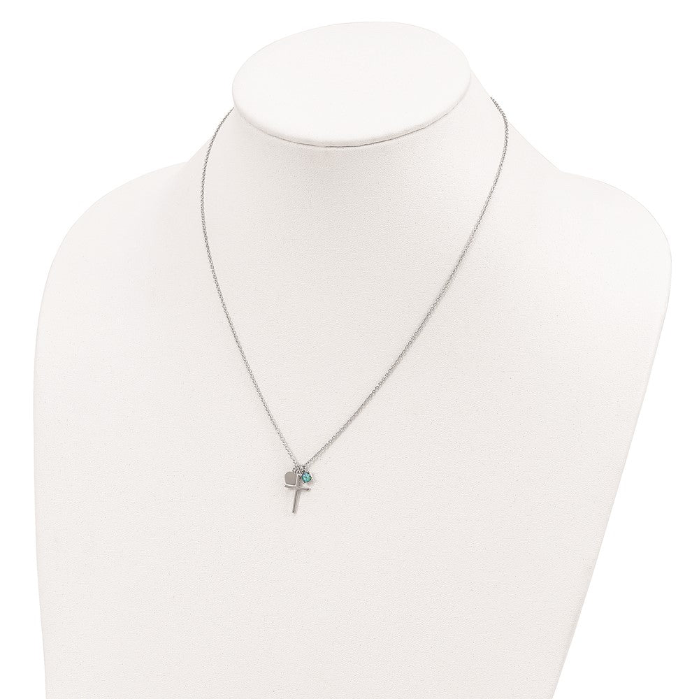 Sterling Silver Rhodium-Plated Created Blue Opal Cross Necklace