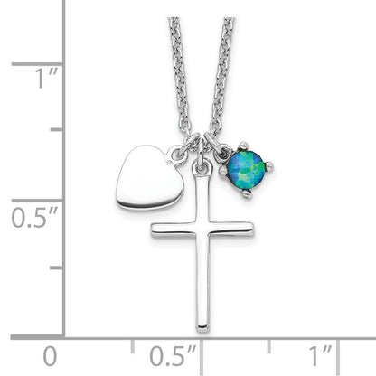 Sterling Silver Rhodium-Plated Created Blue Opal Cross Necklace