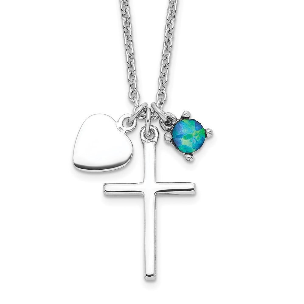 Sterling Silver Rhodium-Plated Created Blue Opal Cross Necklace